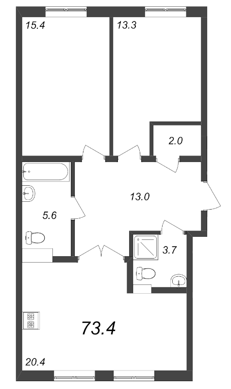 2-комнатная квартира, 73.4 м² - планировка, фото №1