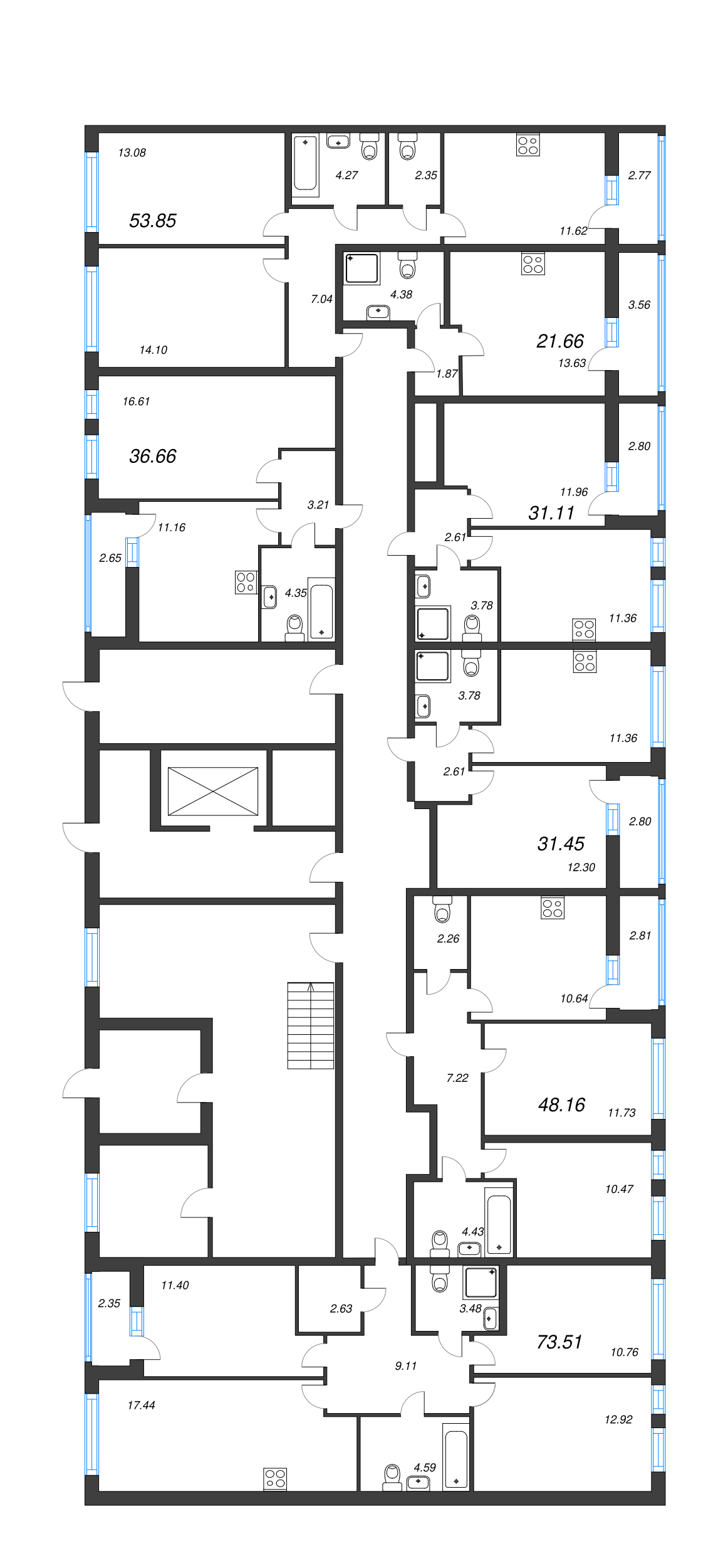 4-комнатная (Евро) квартира, 73.51 м² - планировка этажа