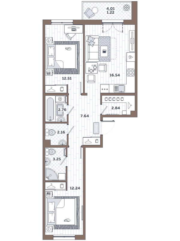 3-комнатная (Евро) квартира, 61.16 м² в ЖК "Новое Горелово" - планировка, фото №1