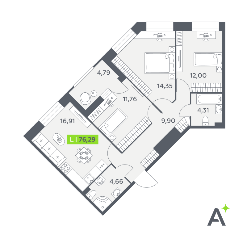 4-комнатная (Евро) квартира, 76.29 м² в ЖК "Аквилон РекаПарк" - планировка, фото №1