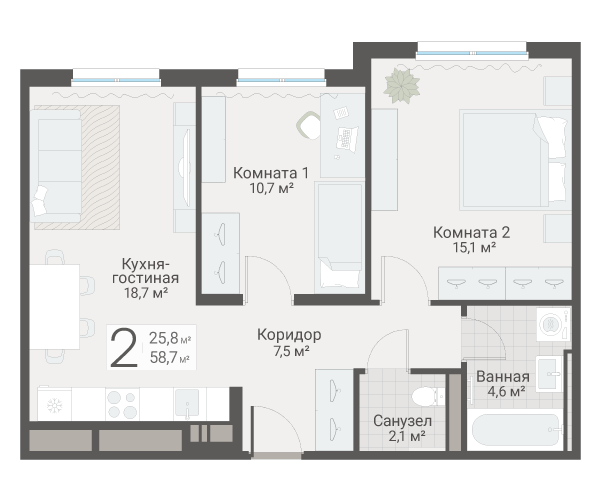 3-комнатная (Евро) квартира, 58.7 м² в ЖК "Руднева 15" - планировка, фото №1