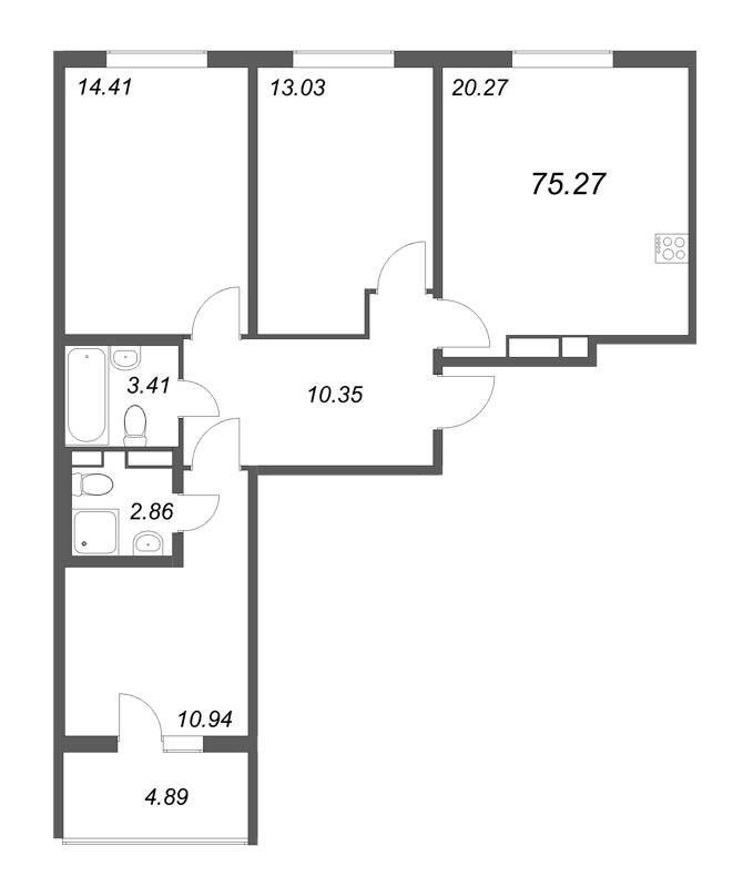 4-комнатная (Евро) квартира, 75.27 м² - планировка, фото №1