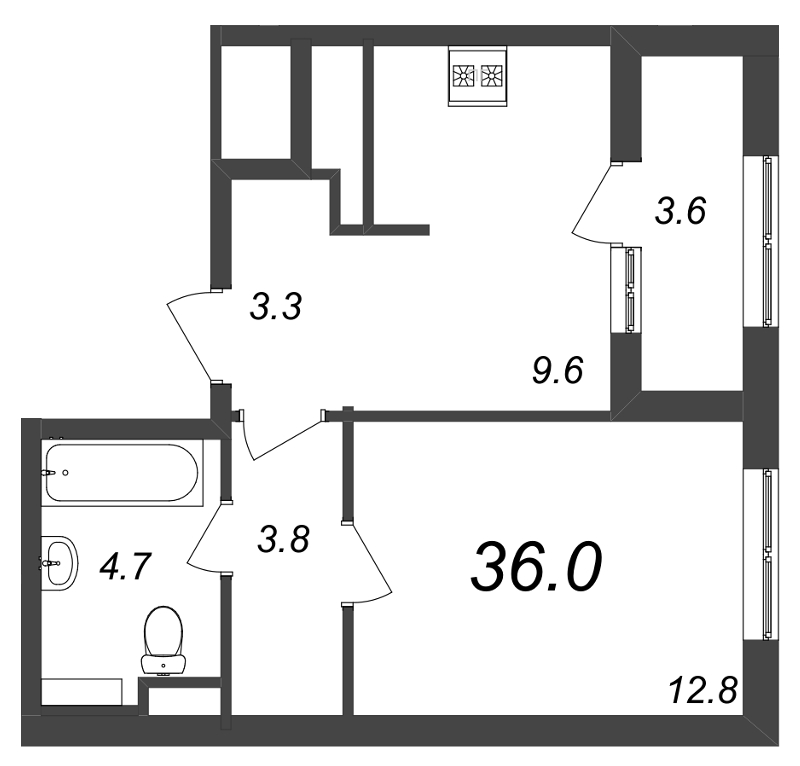 1-комнатная квартира, 36.5 м² - планировка, фото №1