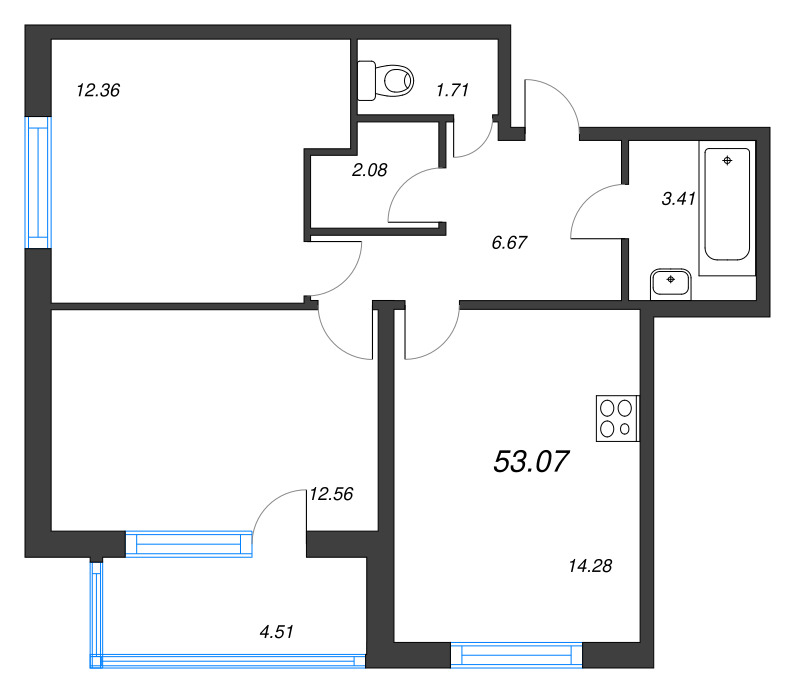 2-комнатная квартира, 53.07 м² в ЖК "Любоград" - планировка, фото №1