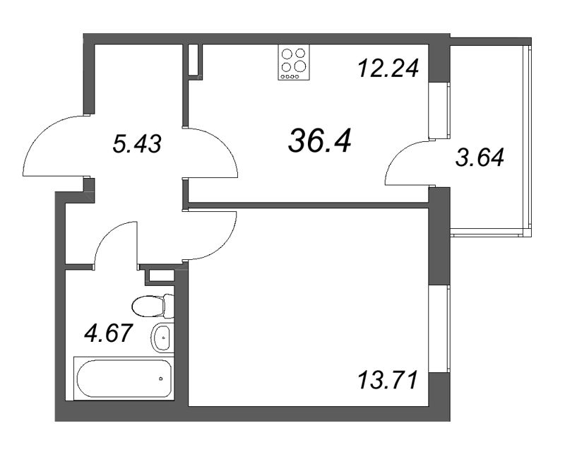 1-комнатная квартира, 36.4 м² в ЖК "Новая история" - планировка, фото №1