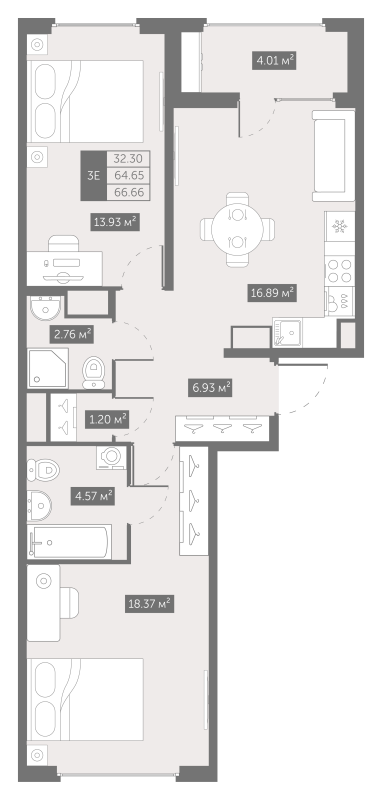 3-комнатная (Евро) квартира, 67.03 м² в ЖК "UP-квартал Новый Московский" - планировка, фото №1