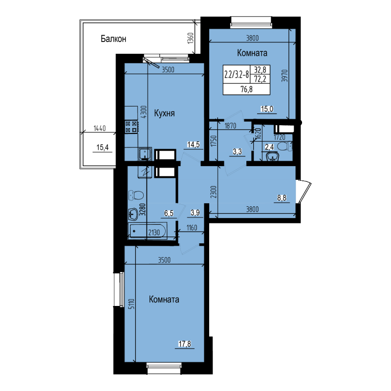 2-комнатная квартира, 76.8 м² в ЖК "ПРАГМА city" - планировка, фото №1