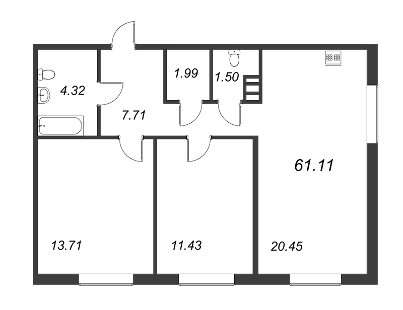 3-комнатная (Евро) квартира, 61.11 м² - планировка, фото №1