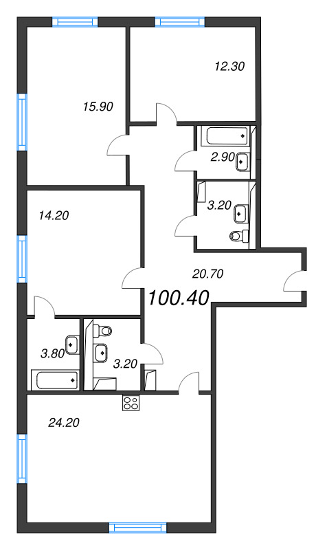 4-комнатная (Евро) квартира, 100.4 м² в ЖК "Руднева 15" - планировка, фото №1