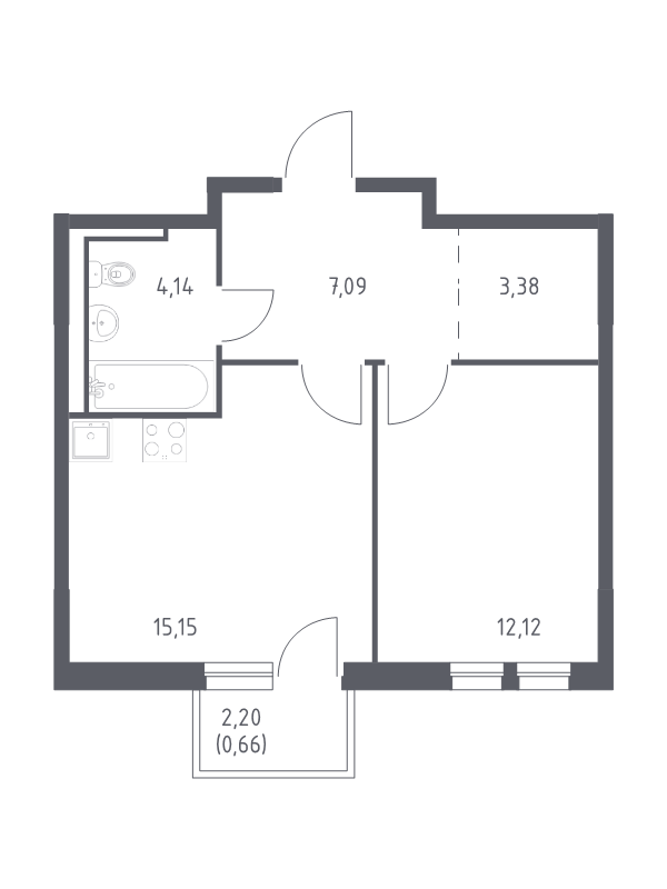 2-комнатная (Евро) квартира, 42.54 м² в ЖК "Невская Долина" - планировка, фото №1
