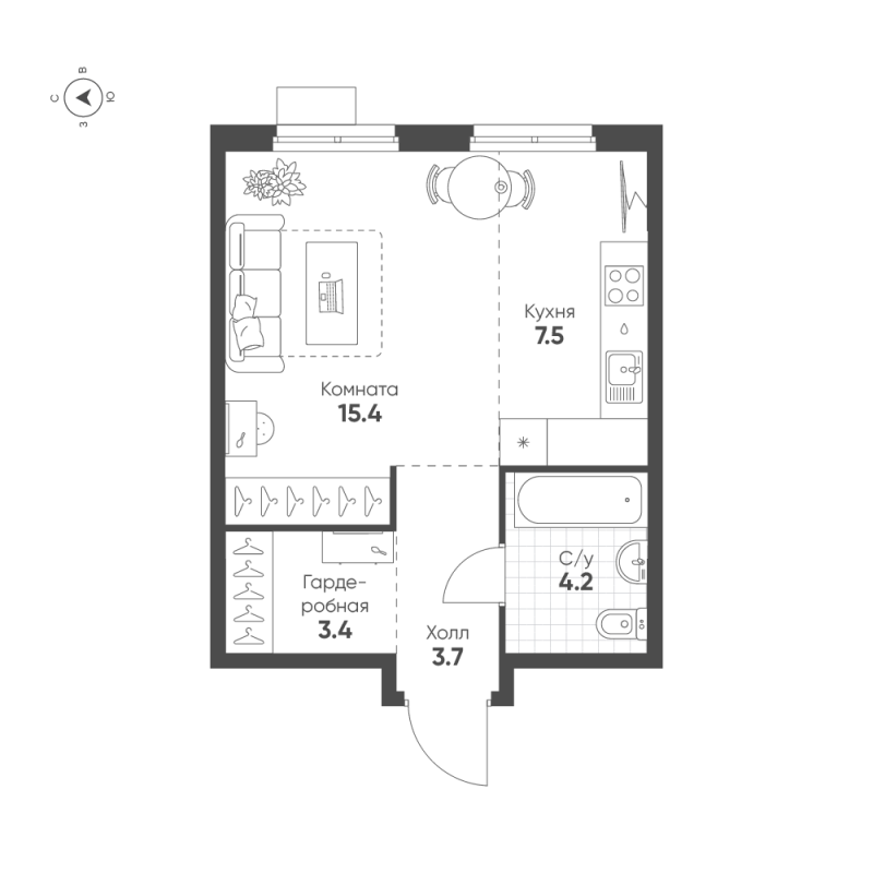 Квартира-студия, 34.2 м² в ЖК "Ягодное Река Парк" - планировка, фото №1