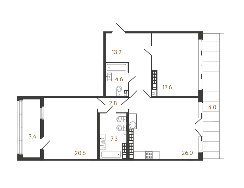 3-комнатная (Евро) квартира, 91.9 м² в ЖК "МИРЪ" - планировка, фото №1