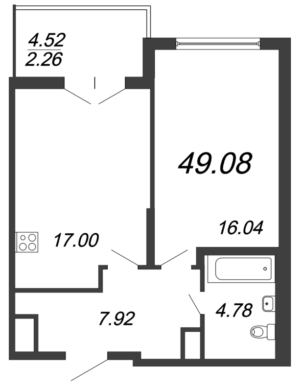 2-комнатная (Евро) квартира, 47.9 м² - планировка, фото №1