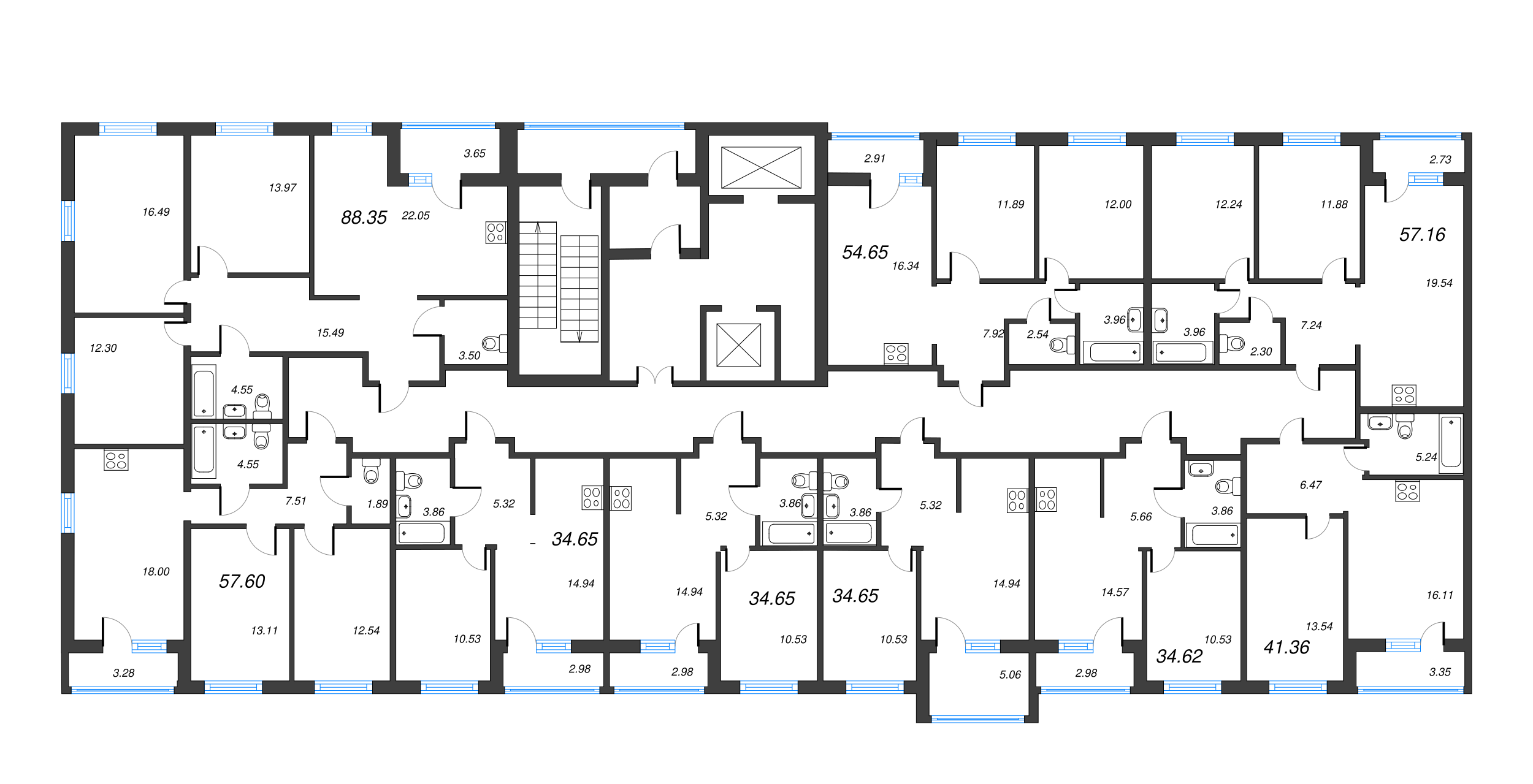 2-комнатная (Евро) квартира, 34.65 м² в ЖК "Город Первых" - планировка этажа