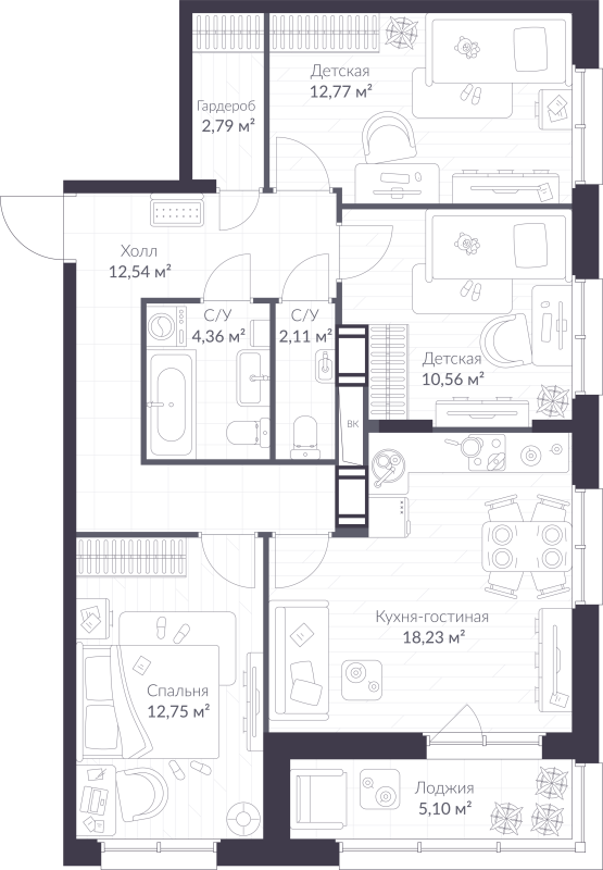 4-комнатная (Евро) квартира, 78.66 м² в ЖК "VEREN NORT сертолово" - планировка, фото №1