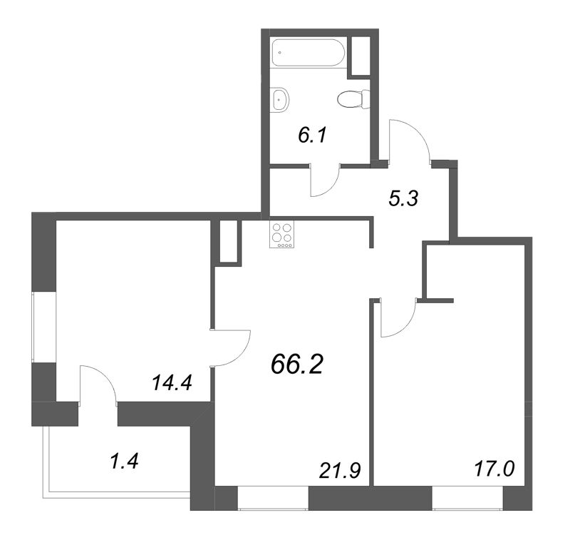 2-комнатная квартира, 66.2 м² в ЖК "Моисеенко 10" - планировка, фото №1