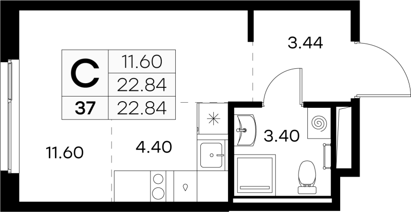 Квартира-студия, 22.84 м² - планировка, фото №1