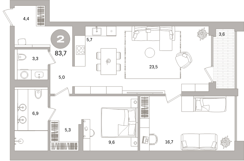 3-комнатная (Евро) квартира, 83.7 м² - планировка, фото №1