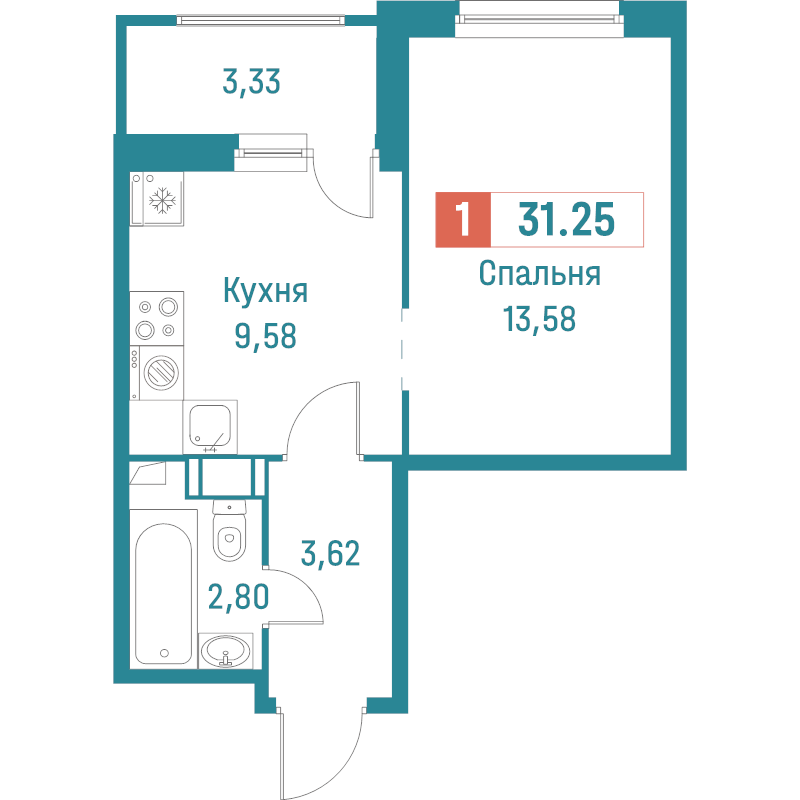 1-комнатная квартира, 31.25 м² - планировка, фото №1