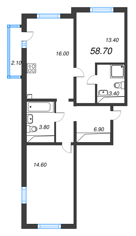 3-комнатная (Евро) квартира, 58.7 м² в ЖК "Дыбенко Парк" - планировка, фото №1