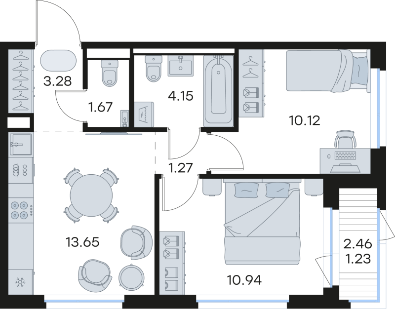 2-комнатная квартира, 46.31 м² - планировка, фото №1