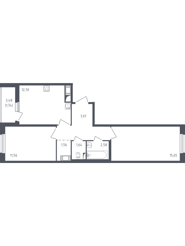 2-комнатная квартира, 55.4 м² в ЖК "Астрид" - планировка, фото №1