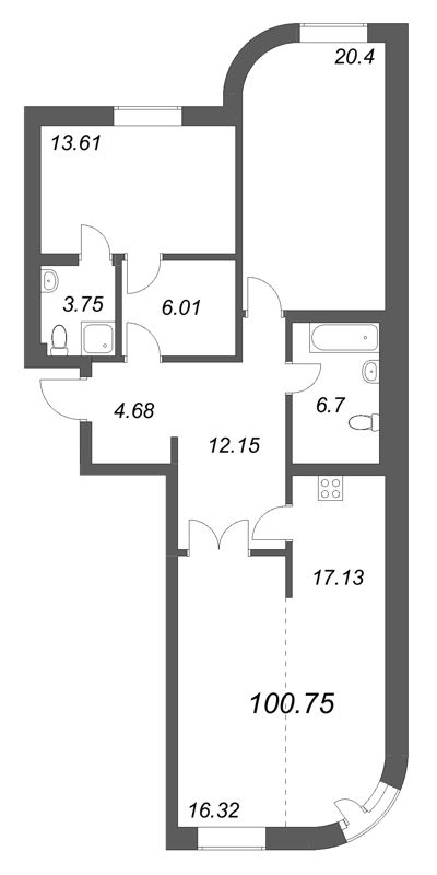 3-комнатная (Евро) квартира, 100.75 м² в ЖК "Фонтанка 130" - планировка, фото №1