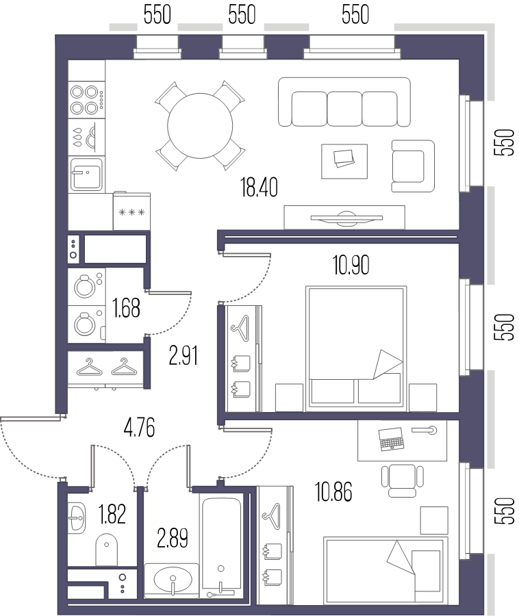 3-комнатная (Евро) квартира, 54.22 м² - планировка, фото №1