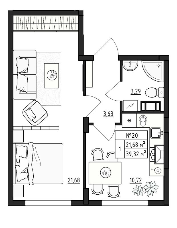 1-комнатная квартира, 39.32 м² в ЖК "Верево Сити" - планировка, фото №1