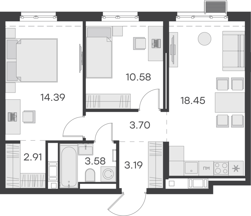 3-комнатная (Евро) квартира, 56.8 м² в ЖК "GloraX Балтийская" - планировка, фото №1