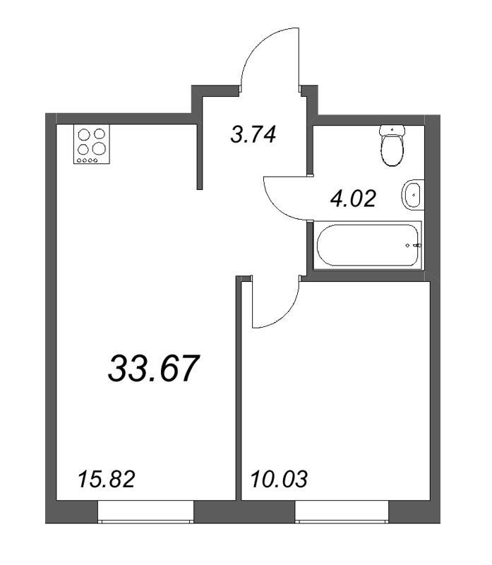 2-комнатная (Евро) квартира, 33.67 м² в ЖК "Новые горизонты" - планировка, фото №1