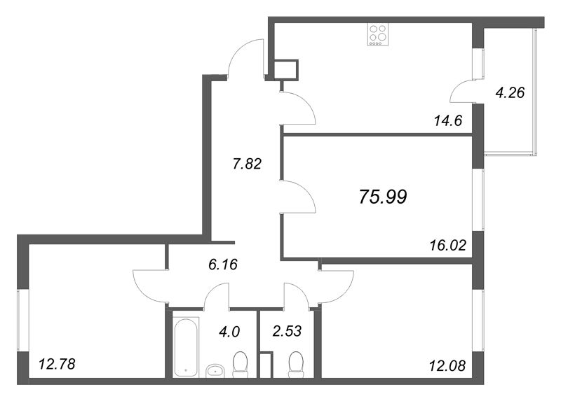 3-комнатная квартира, 75.99 м² - планировка, фото №1