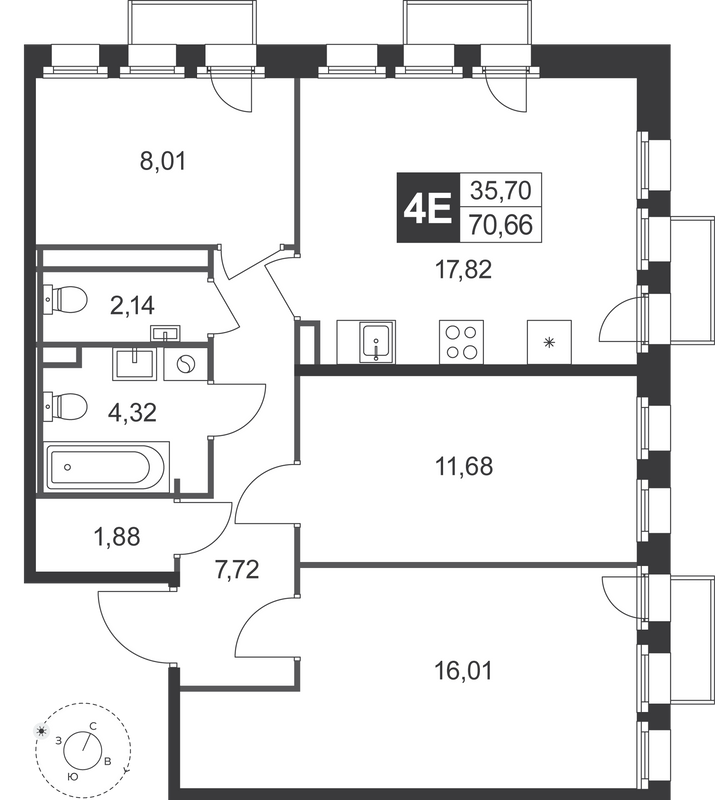 4-комнатная (Евро) квартира, 70.66 м² в ЖК "Слобода" - планировка, фото №1