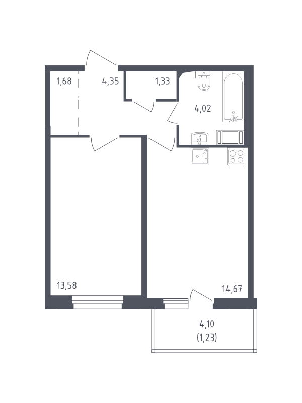 1-комнатная квартира, 40.86 м² - планировка, фото №1