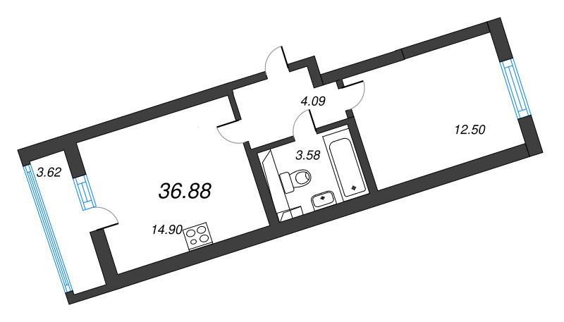 2-комнатная (Евро) квартира, 36.88 м² в ЖК "Лето" - планировка, фото №1