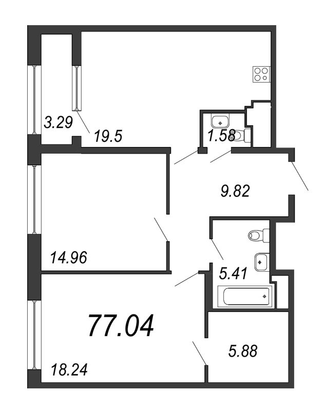 3-комнатная (Евро) квартира, 77.04 м² - планировка, фото №1