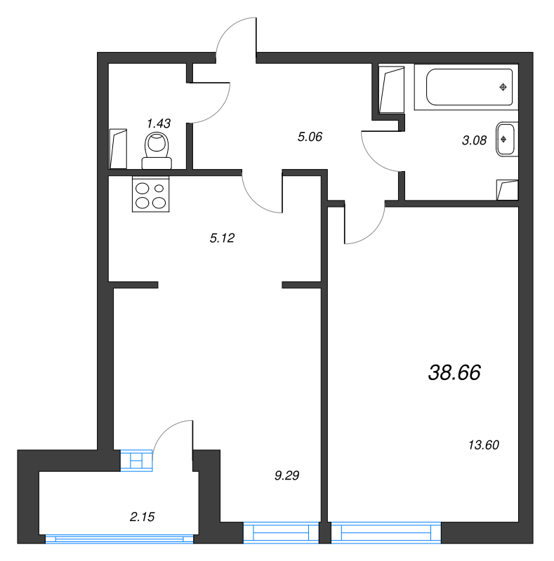 2-комнатная (Евро) квартира, 39.3 м² - планировка, фото №1