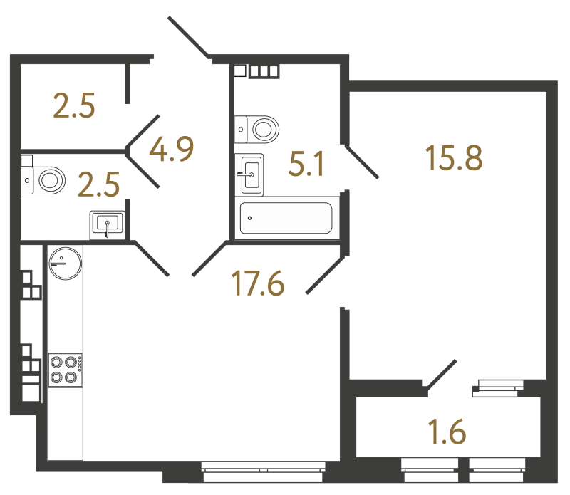 2-комнатная (Евро) квартира, 48.4 м² в ЖК "МИРЪ" - планировка, фото №1