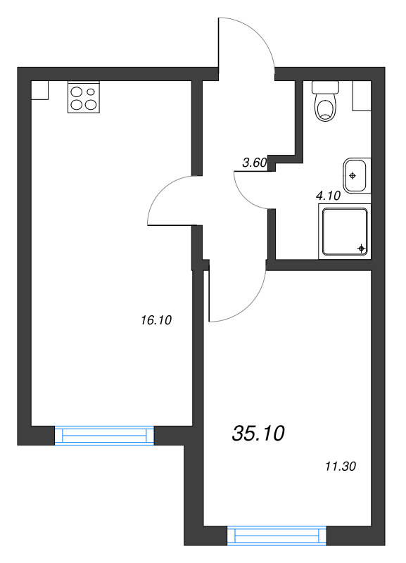 1-комнатная квартира, 35.1 м² в ЖК "Ручьи" - планировка, фото №1