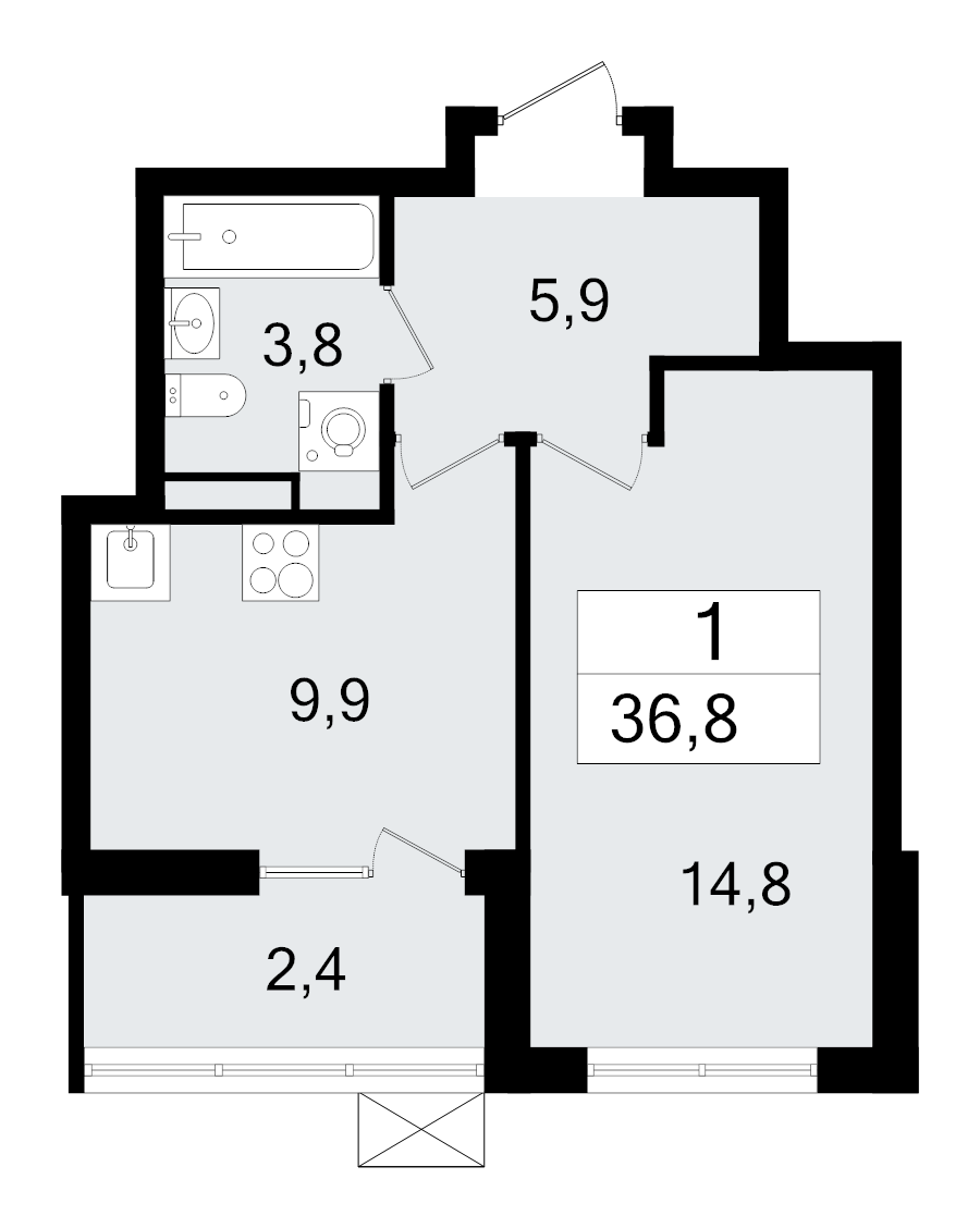 1-комнатная квартира, 36.8 м² - планировка, фото №1