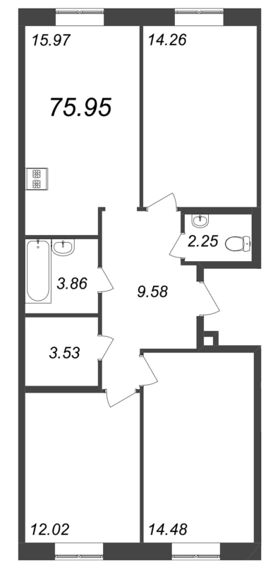 3-комнатная квартира, 75.95 м² - планировка, фото №1
