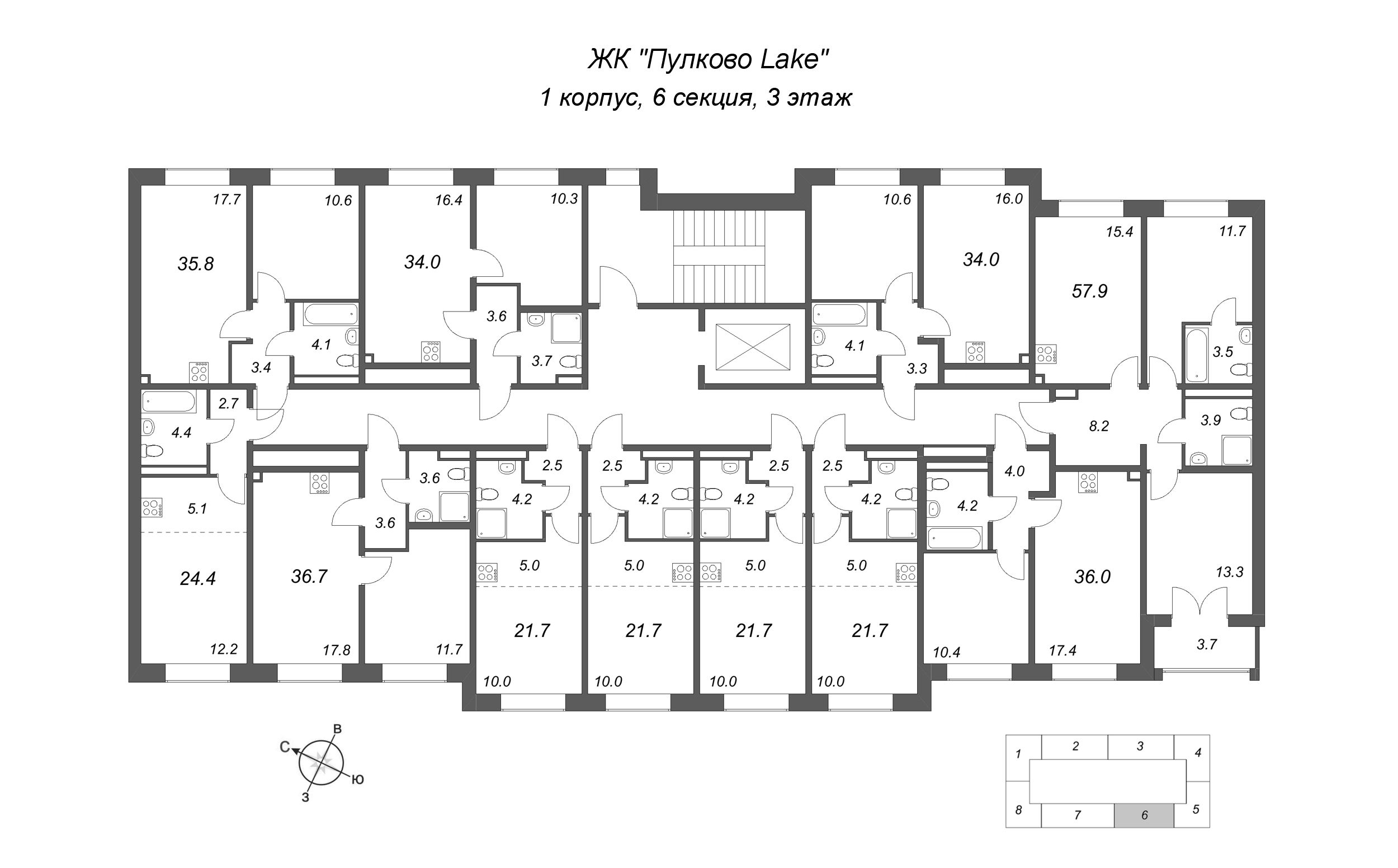 2-комнатная (Евро) квартира, 34 м² в ЖК "Пулково Lake" - планировка этажа