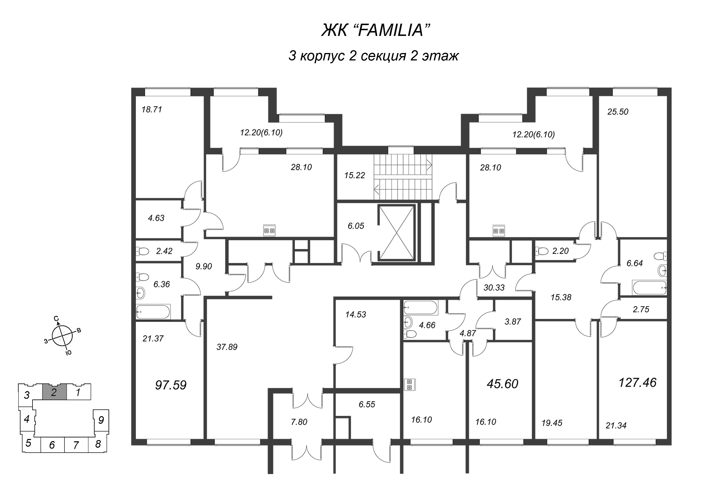 3-комнатная квартира, 127.3 м² в ЖК "FAMILIA" - планировка этажа