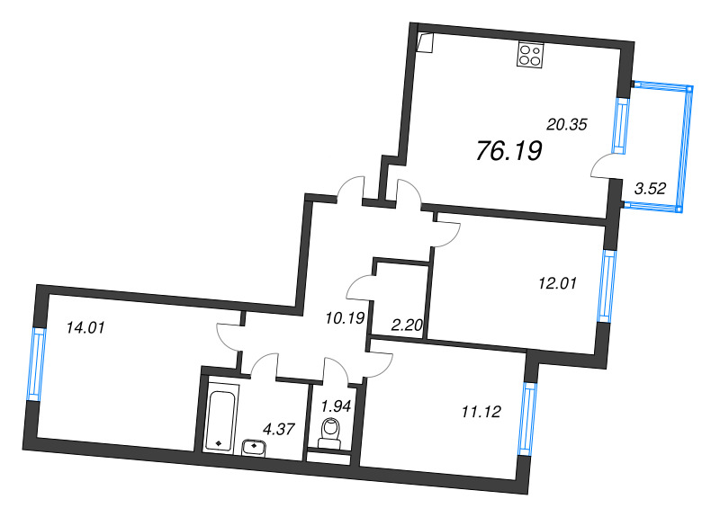 4-комнатная (Евро) квартира, 76.19 м² в ЖК "ЮгТаун" - планировка, фото №1