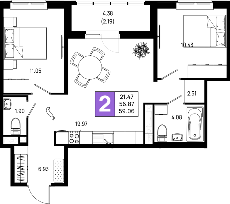3-комнатная (Евро) квартира, 59.06 м² в ЖК "Имена" - планировка, фото №1