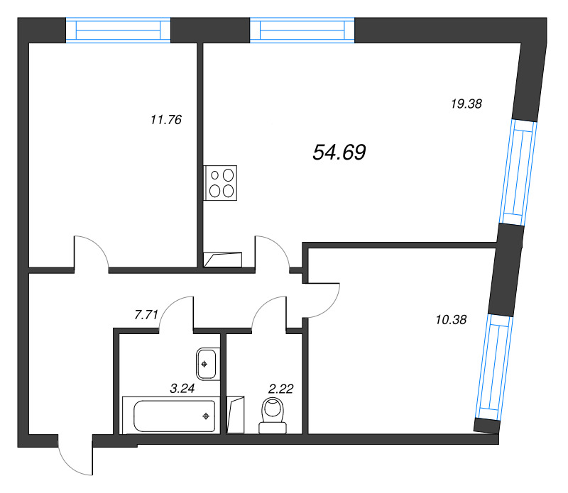 3-комнатная (Евро) квартира, 54.69 м² в ЖК "Остров Первых" - планировка, фото №1