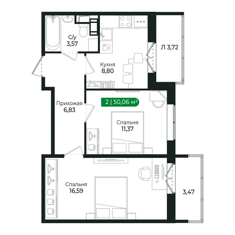 2-комнатная квартира, 47 м² в ЖК "Сертолово Парк" - планировка, фото №1
