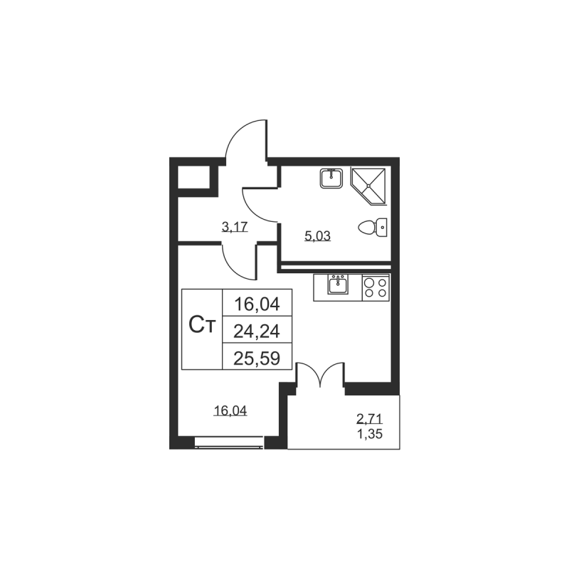 Квартира-студия, 25.59 м² в ЖК "Высота" - планировка, фото №1