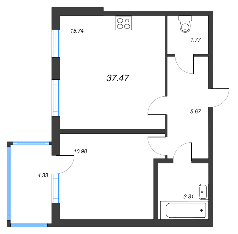 2-комнатная (Евро) квартира, 37.47 м² в ЖК "Новое Сертолово" - планировка, фото №1