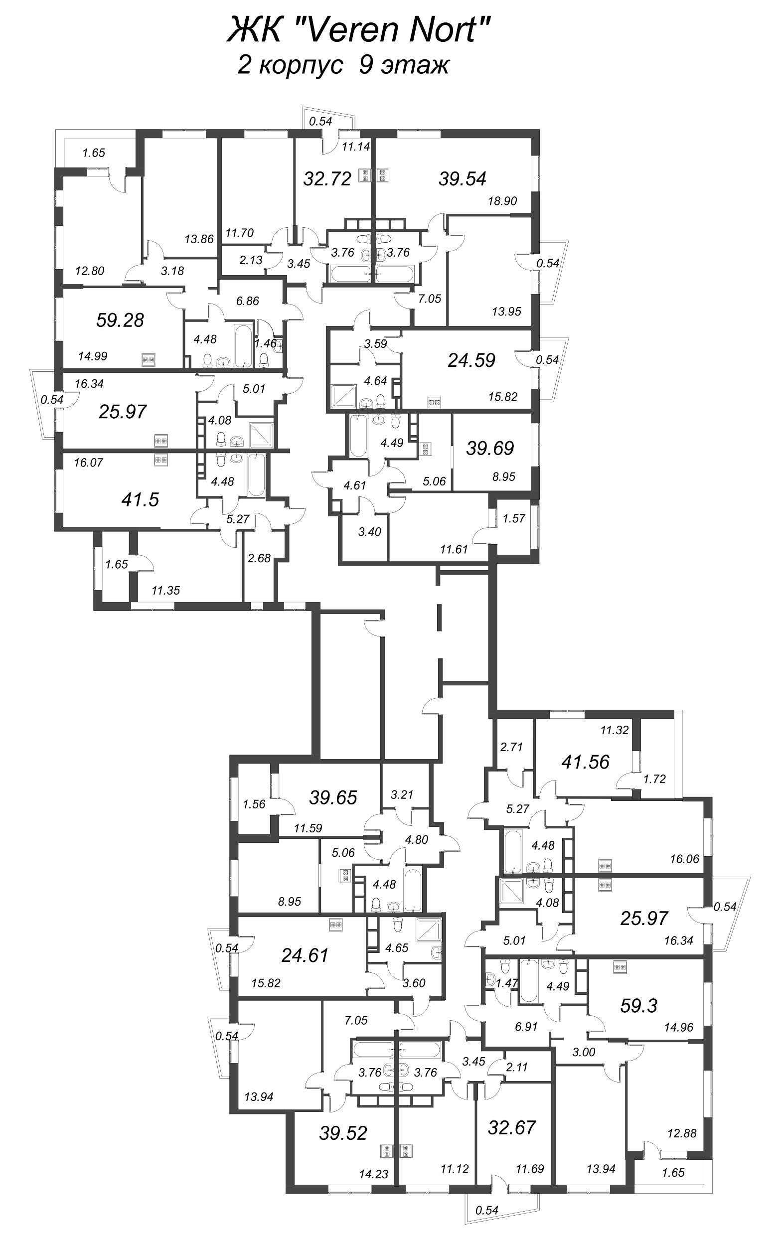 2-комнатная (Евро) квартира, 39.52 м² - планировка этажа